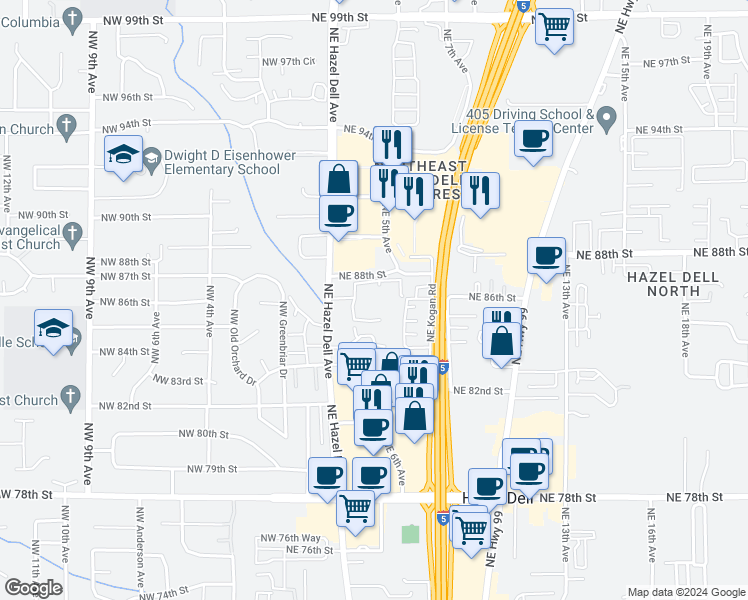 map of restaurants, bars, coffee shops, grocery stores, and more near 406 Northeast 85th Street in Vancouver