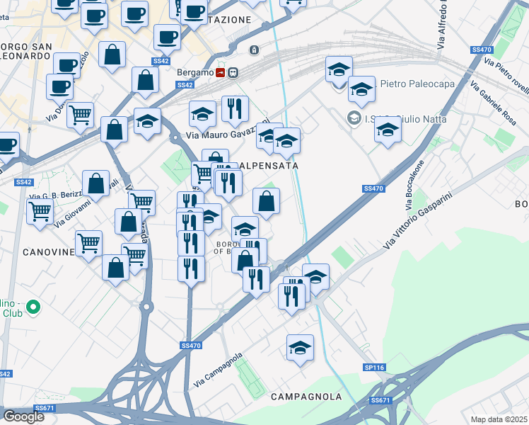 map of restaurants, bars, coffee shops, grocery stores, and more near 5 Via Giovannino De Grassi in Bergamo