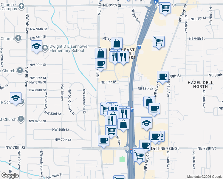map of restaurants, bars, coffee shops, grocery stores, and more near 406 Northeast 85th Street in Vancouver
