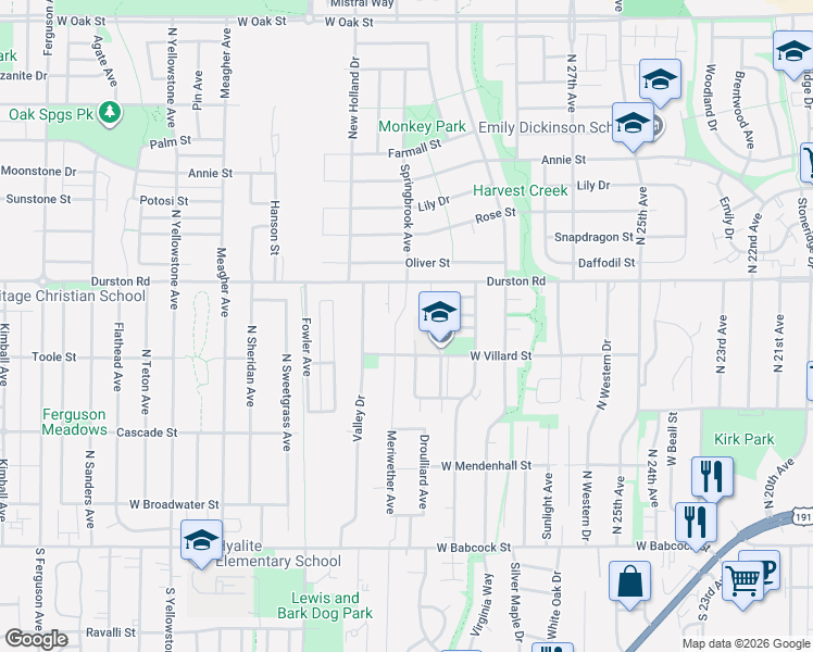 map of restaurants, bars, coffee shops, grocery stores, and more near 5200 Durston Rd in Bozeman