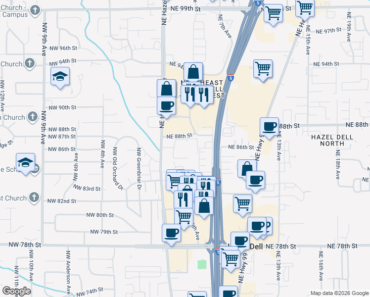 map of restaurants, bars, coffee shops, grocery stores, and more near 307 Northeast 85th Street in Vancouver