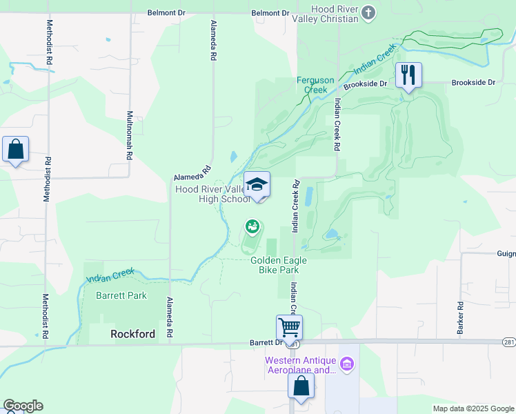 map of restaurants, bars, coffee shops, grocery stores, and more near 1220 Indian Creek Road in Hood River