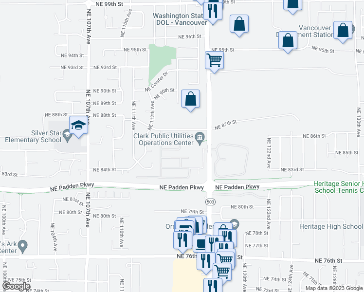 map of restaurants, bars, coffee shops, grocery stores, and more near 8600 Northeast 117th Avenue in Vancouver