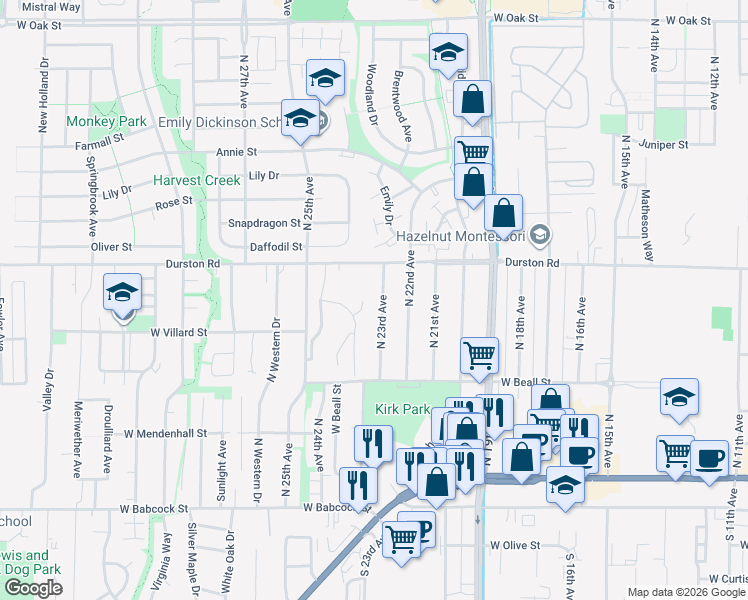map of restaurants, bars, coffee shops, grocery stores, and more near Willow Brook in Bozeman