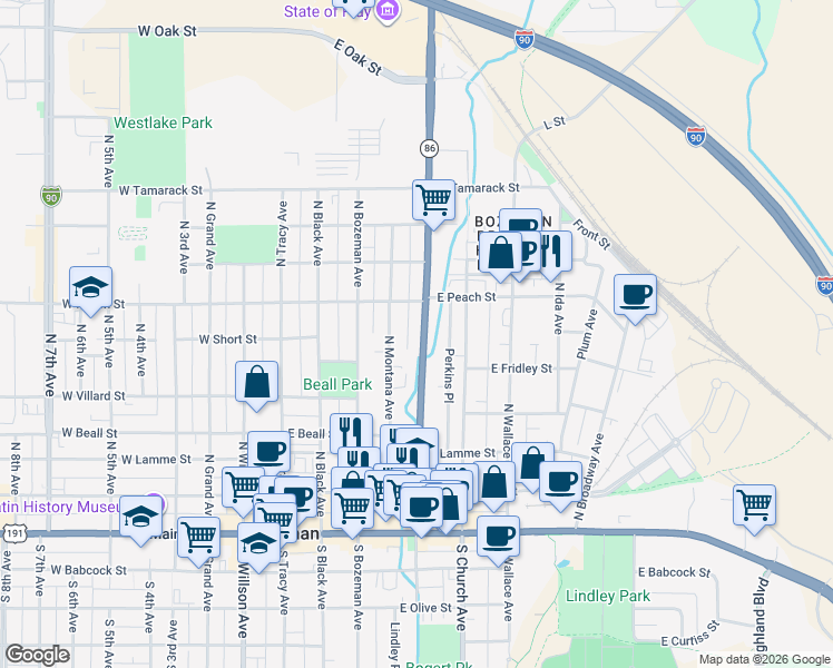 map of restaurants, bars, coffee shops, grocery stores, and more near 512 North Rouse Avenue in Bozeman