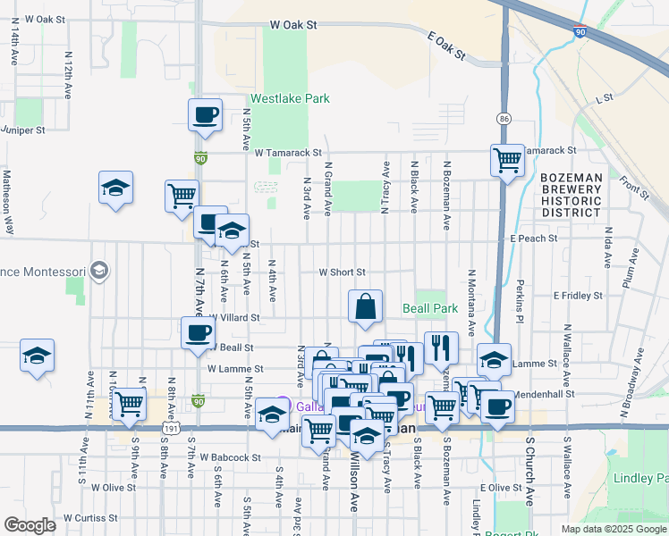 map of restaurants, bars, coffee shops, grocery stores, and more near 409 North Willson Avenue in Bozeman