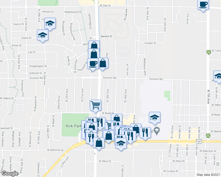 map of restaurants, bars, coffee shops, grocery stores, and more near 411 North 17th Avenue in Bozeman