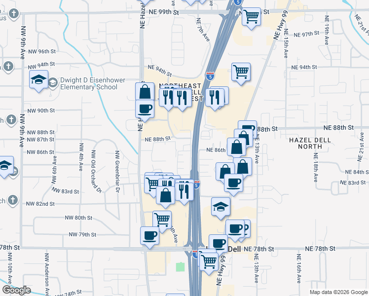 map of restaurants, bars, coffee shops, grocery stores, and more near 608 Northeast 86th Street in Vancouver