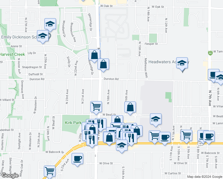 map of restaurants, bars, coffee shops, grocery stores, and more near 502 North 18th Avenue in Bozeman