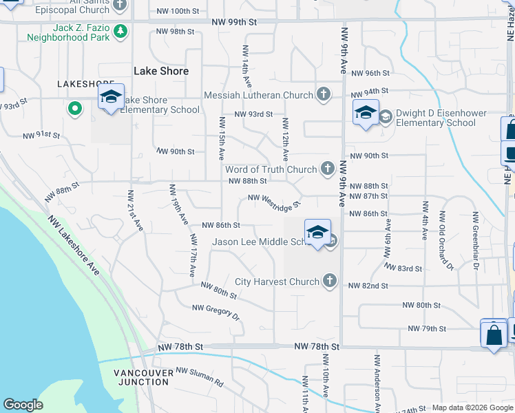 map of restaurants, bars, coffee shops, grocery stores, and more near 8615 Northwest 13th Court in Vancouver