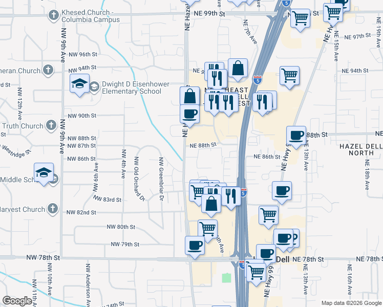 map of restaurants, bars, coffee shops, grocery stores, and more near 8801 Northeast Hazel Dell Avenue in Vancouver