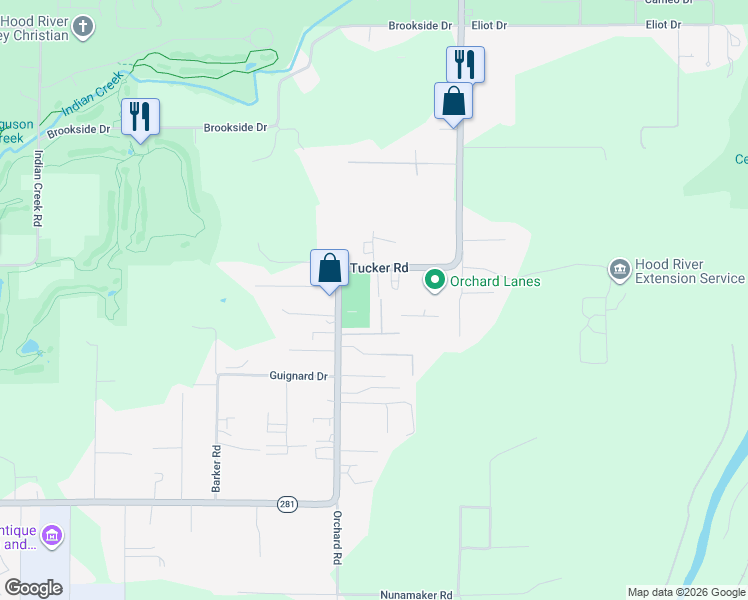 map of restaurants, bars, coffee shops, grocery stores, and more near 1175 Tucker Road in Hood River