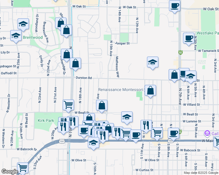 map of restaurants, bars, coffee shops, grocery stores, and more near 506 North 15th Avenue in Bozeman