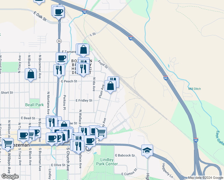 map of restaurants, bars, coffee shops, grocery stores, and more near 423-595 N Broadway Ave in Bozeman