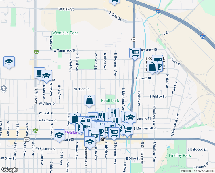 map of restaurants, bars, coffee shops, grocery stores, and more near 601 North Black Avenue in Bozeman