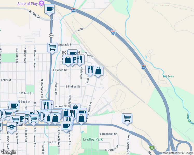 map of restaurants, bars, coffee shops, grocery stores, and more near 423-595 N Broadway Ave in Bozeman