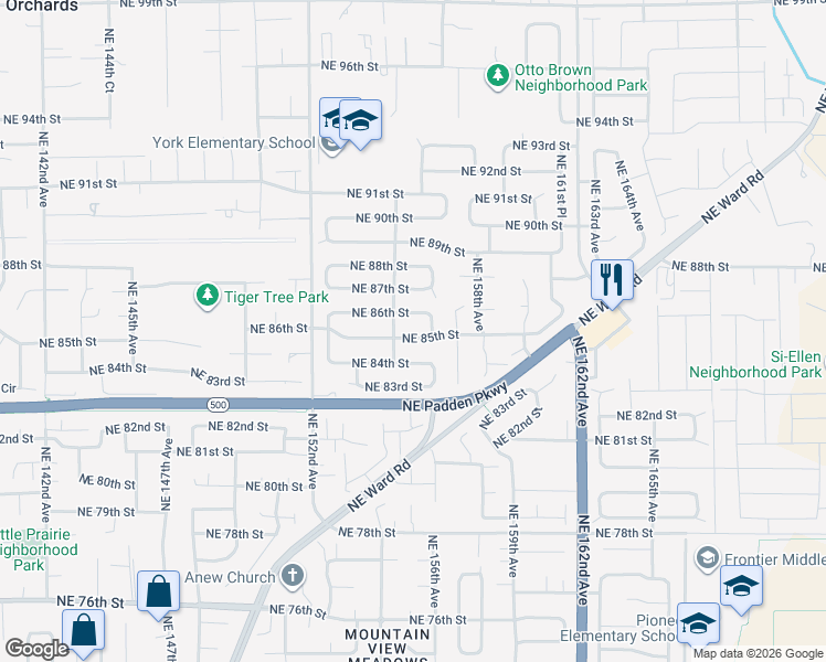 map of restaurants, bars, coffee shops, grocery stores, and more near 15512 Northeast 85th Street in Vancouver