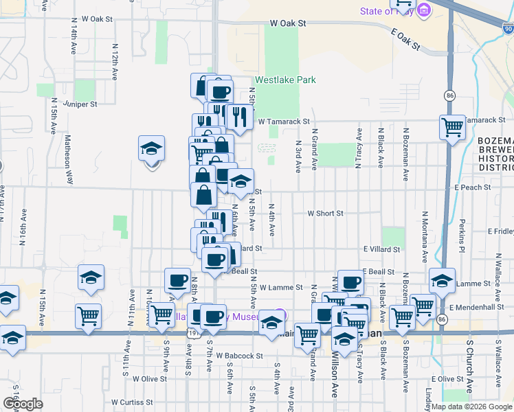 map of restaurants, bars, coffee shops, grocery stores, and more near 522 North 5th Avenue in Bozeman