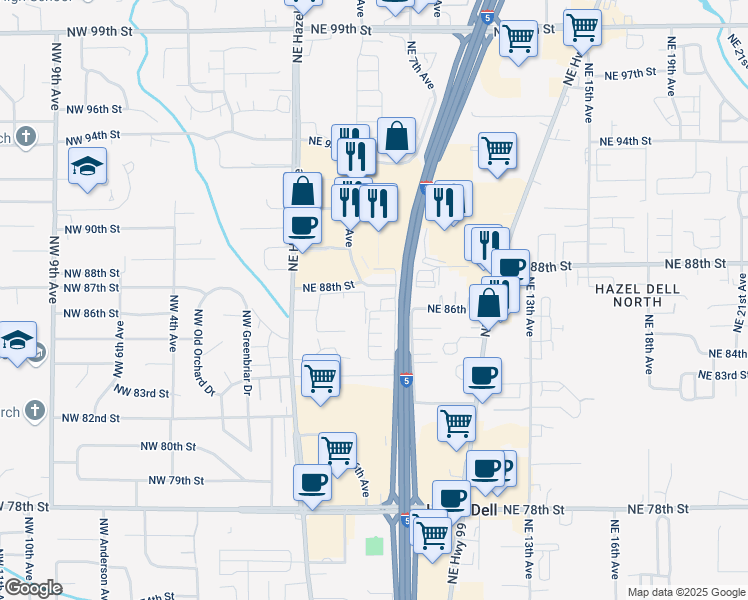 map of restaurants, bars, coffee shops, grocery stores, and more near 601 Northeast 88th Street in Vancouver