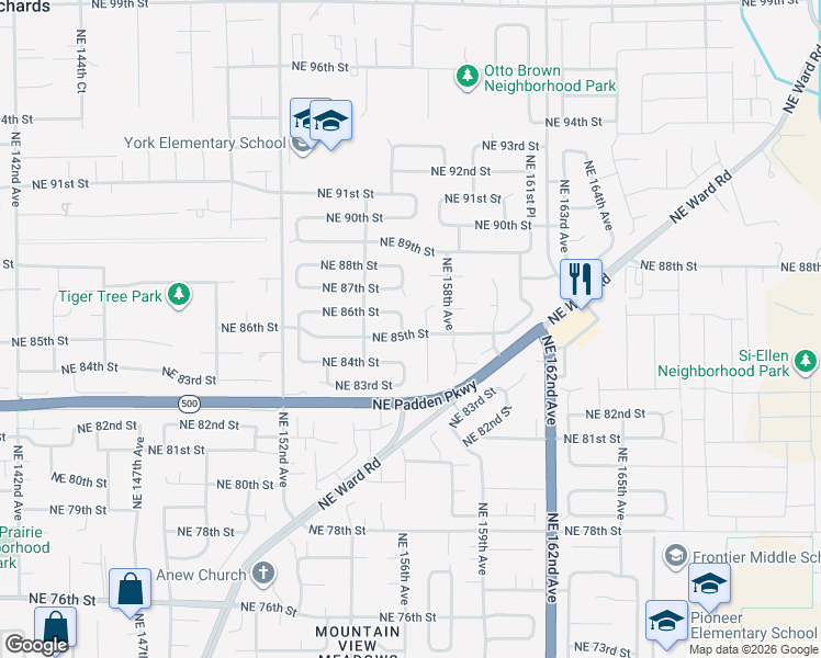 map of restaurants, bars, coffee shops, grocery stores, and more near 8503 Northeast 156th Avenue in Vancouver