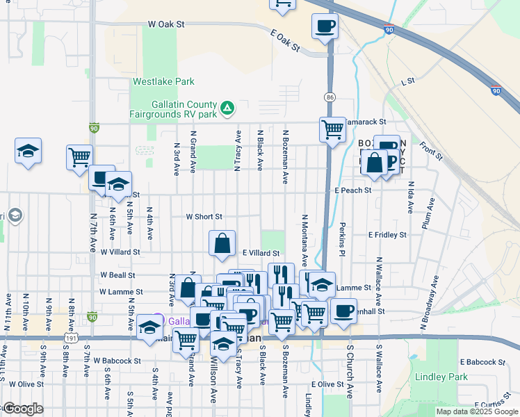 map of restaurants, bars, coffee shops, grocery stores, and more near 601 North Black Avenue in Bozeman