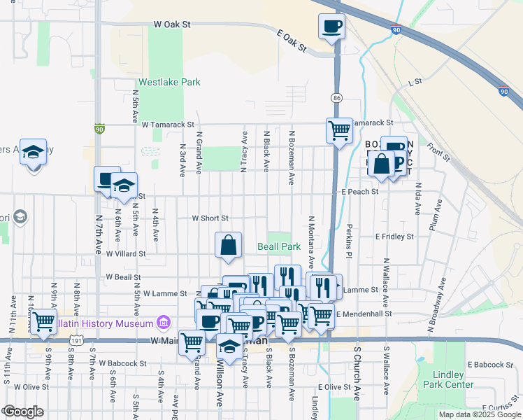 map of restaurants, bars, coffee shops, grocery stores, and more near 601 North Black Avenue in Bozeman