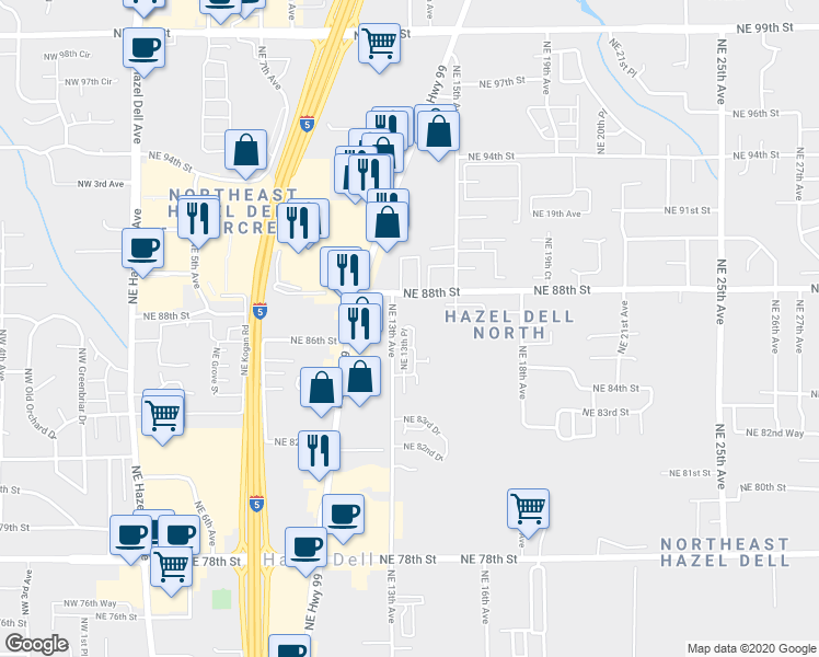 map of restaurants, bars, coffee shops, grocery stores, and more near 1317 Northeast 88th Street in Vancouver