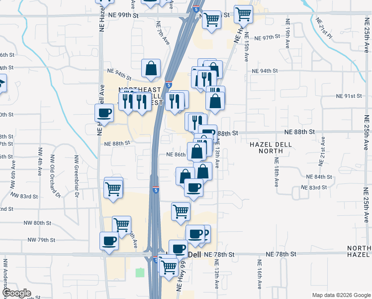 map of restaurants, bars, coffee shops, grocery stores, and more near 909 Northeast 88th Circle in Vancouver
