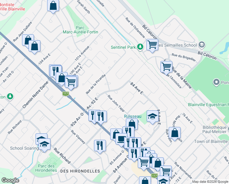 map of restaurants, bars, coffee shops, grocery stores, and more near 1 92e Av Est in Blainville