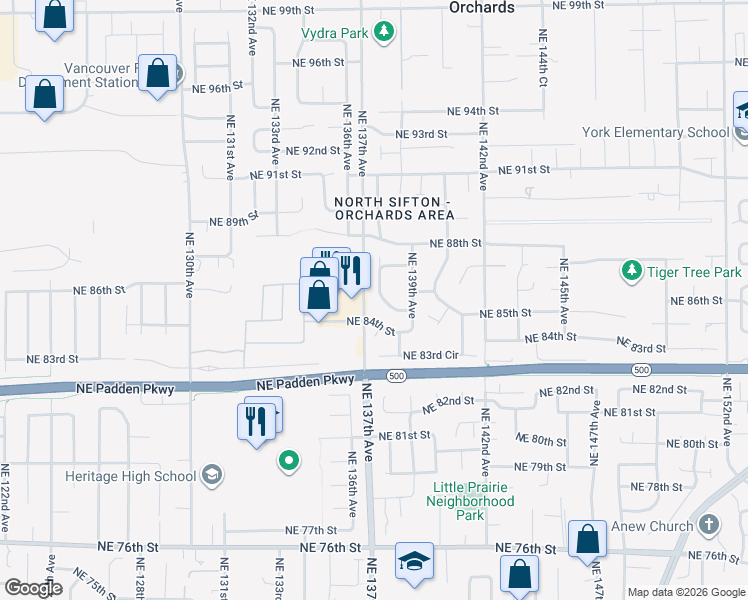 map of restaurants, bars, coffee shops, grocery stores, and more near 8612 Northeast 138th Avenue in Vancouver