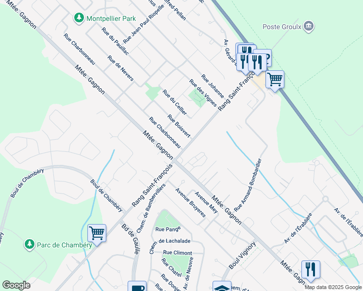 map of restaurants, bars, coffee shops, grocery stores, and more near 2125 Rue Charbonneau in Terrebonne