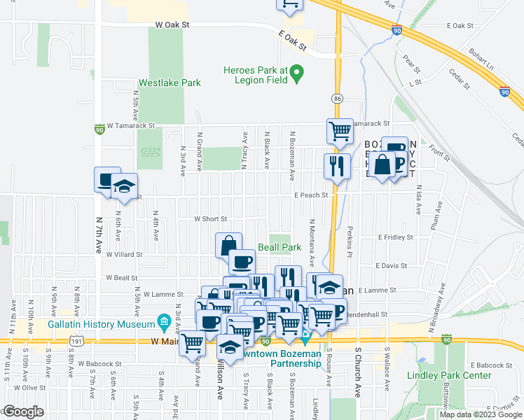 map of restaurants, bars, coffee shops, grocery stores, and more near 509 North Black Avenue in Bozeman