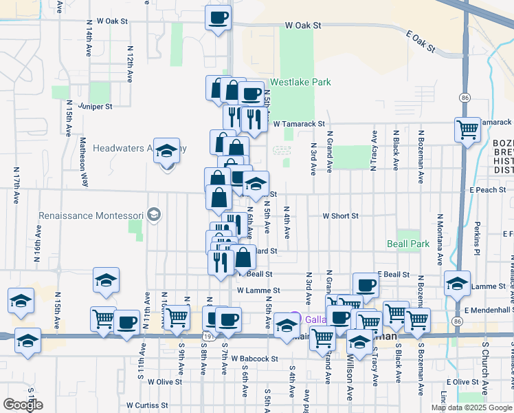 map of restaurants, bars, coffee shops, grocery stores, and more near 511 North 5th Avenue in Bozeman