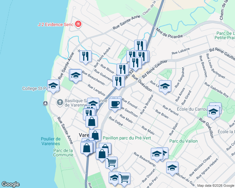 map of restaurants, bars, coffee shops, grocery stores, and more near 2316 Boulevard René-Gaultier in Varennes