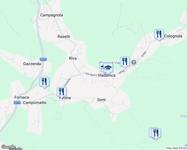 map of restaurants, bars, coffee shops, grocery stores, and more near 24 Via Pietra in Viadanica
