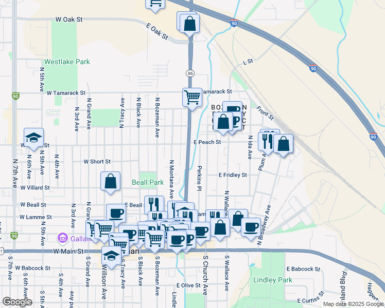 map of restaurants, bars, coffee shops, grocery stores, and more near 544 Montana 86 in Bozeman
