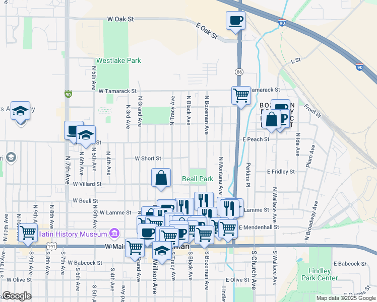 map of restaurants, bars, coffee shops, grocery stores, and more near 601 North Black Avenue in Bozeman