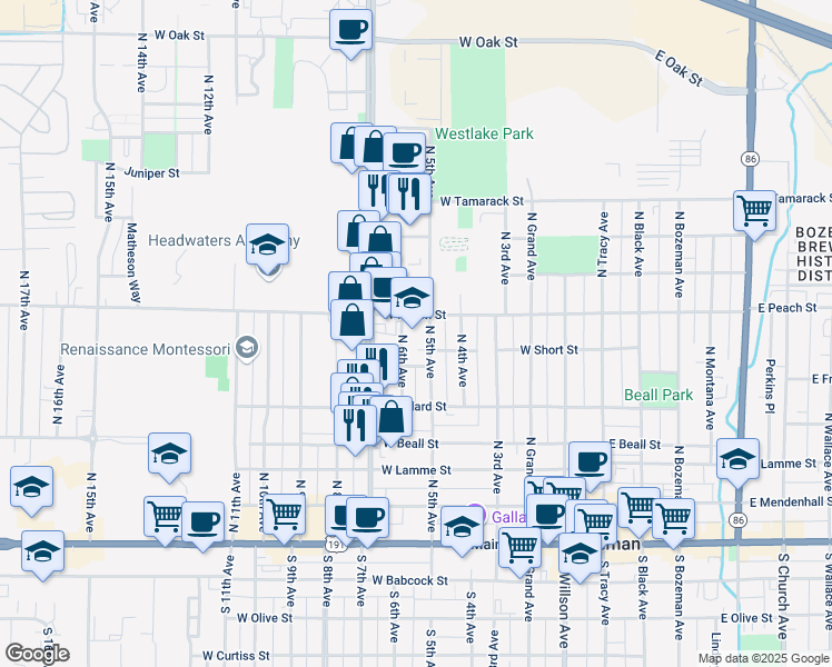 map of restaurants, bars, coffee shops, grocery stores, and more near 515 Peace Pipe Drive in Bozeman