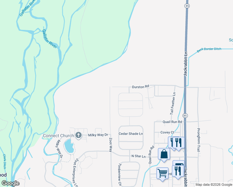 map of restaurants, bars, coffee shops, grocery stores, and more near Durston Rd in Bozeman