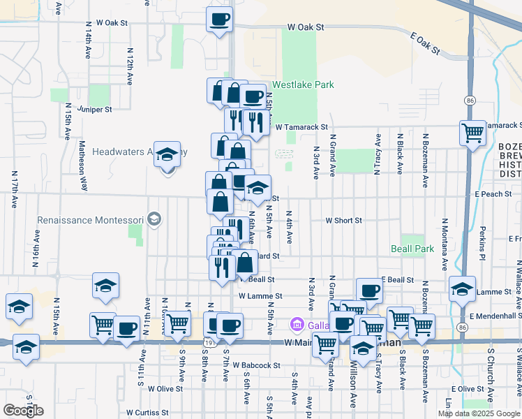map of restaurants, bars, coffee shops, grocery stores, and more near 511 North 5th Avenue in Bozeman