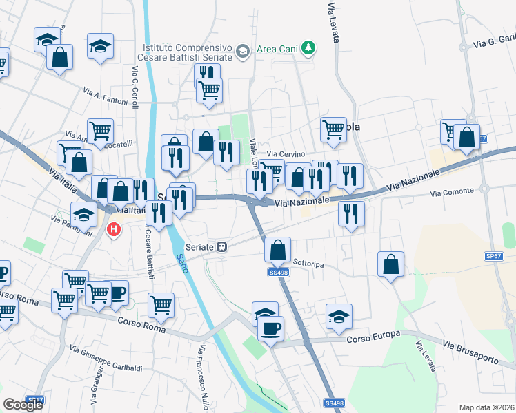 map of restaurants, bars, coffee shops, grocery stores, and more near 6 Via Nazionale in Seriate