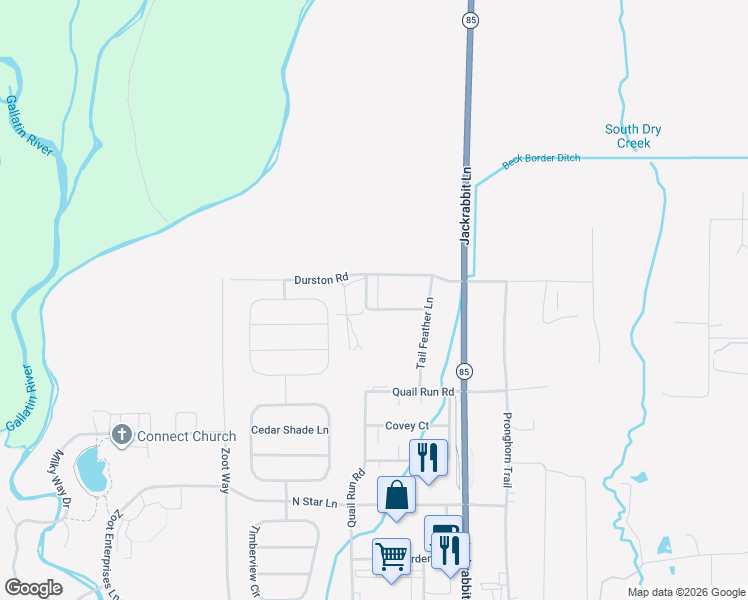map of restaurants, bars, coffee shops, grocery stores, and more near 9802 Durston Road in Bozeman