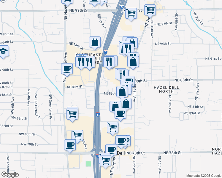 map of restaurants, bars, coffee shops, grocery stores, and more near 909 Northeast 88th Circle in Vancouver