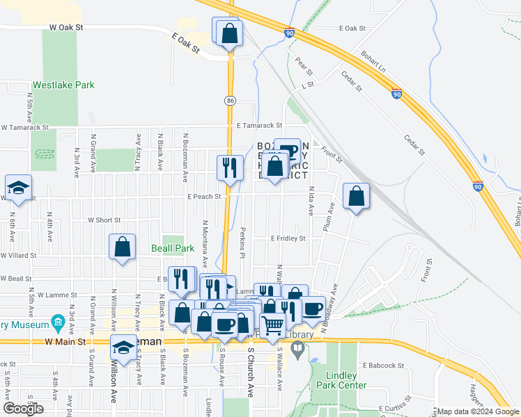 map of restaurants, bars, coffee shops, grocery stores, and more near 510 North Church Avenue in Bozeman