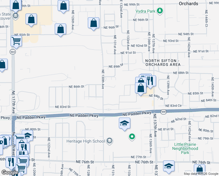 map of restaurants, bars, coffee shops, grocery stores, and more near 13435 Northeast 86th Street in Vancouver