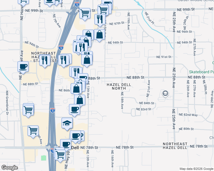 map of restaurants, bars, coffee shops, grocery stores, and more near 1501 Northeast 87th Way in Vancouver