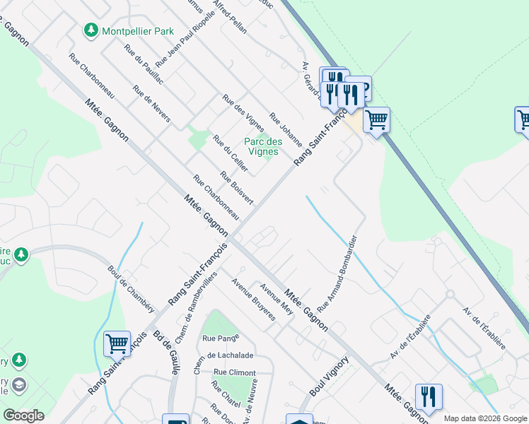 map of restaurants, bars, coffee shops, grocery stores, and more near 868 Rang Saint-François in Terrebonne