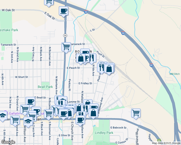 map of restaurants, bars, coffee shops, grocery stores, and more near 626 East Peach Street in Bozeman