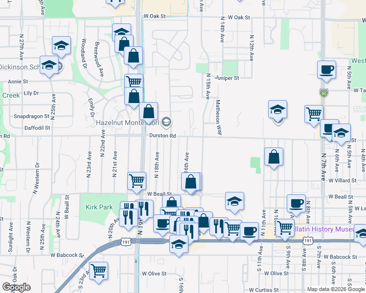map of restaurants, bars, coffee shops, grocery stores, and more near 1604 Durston Road in Bozeman