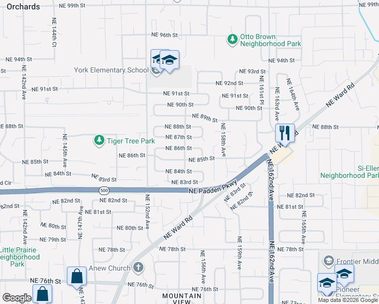 map of restaurants, bars, coffee shops, grocery stores, and more near 15510 Northeast 86th Street in Vancouver